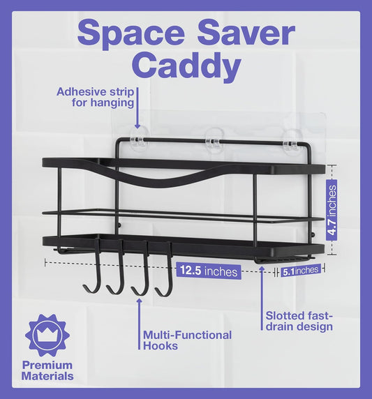 Premium Shower Caddy - Self Adhesive Shower Shelf with 4 Hooks - No Drill Large Capacity Stainless Steel Rack - Aesthetic Organizer for Bathroom Wall Decor - Matte Black