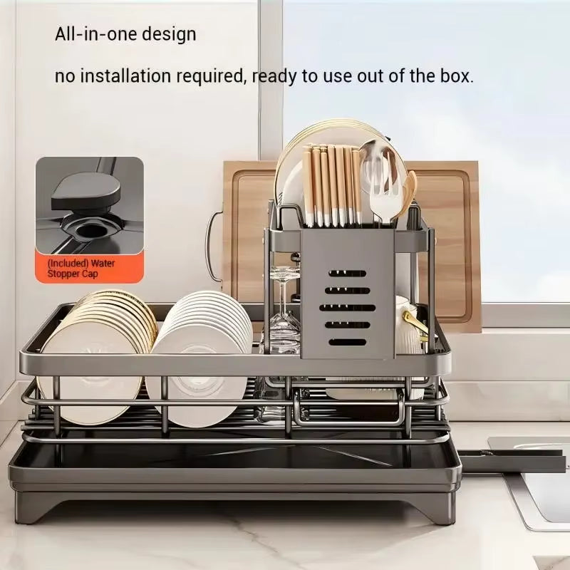 Stainless Steel Adjustable Dish Drying Rack with Drainboard - over Sink Plate Organizer, Kitchen Storage Rack