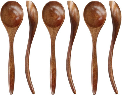 Wood Spoon for Eating,  6-Piece Wooden Spoons, 7 Inch Handmade Natural Asian Wooden Spoons for Soup, Coffee, Salad Desserts, Chips, Snacks, Cereal, and Fruit
