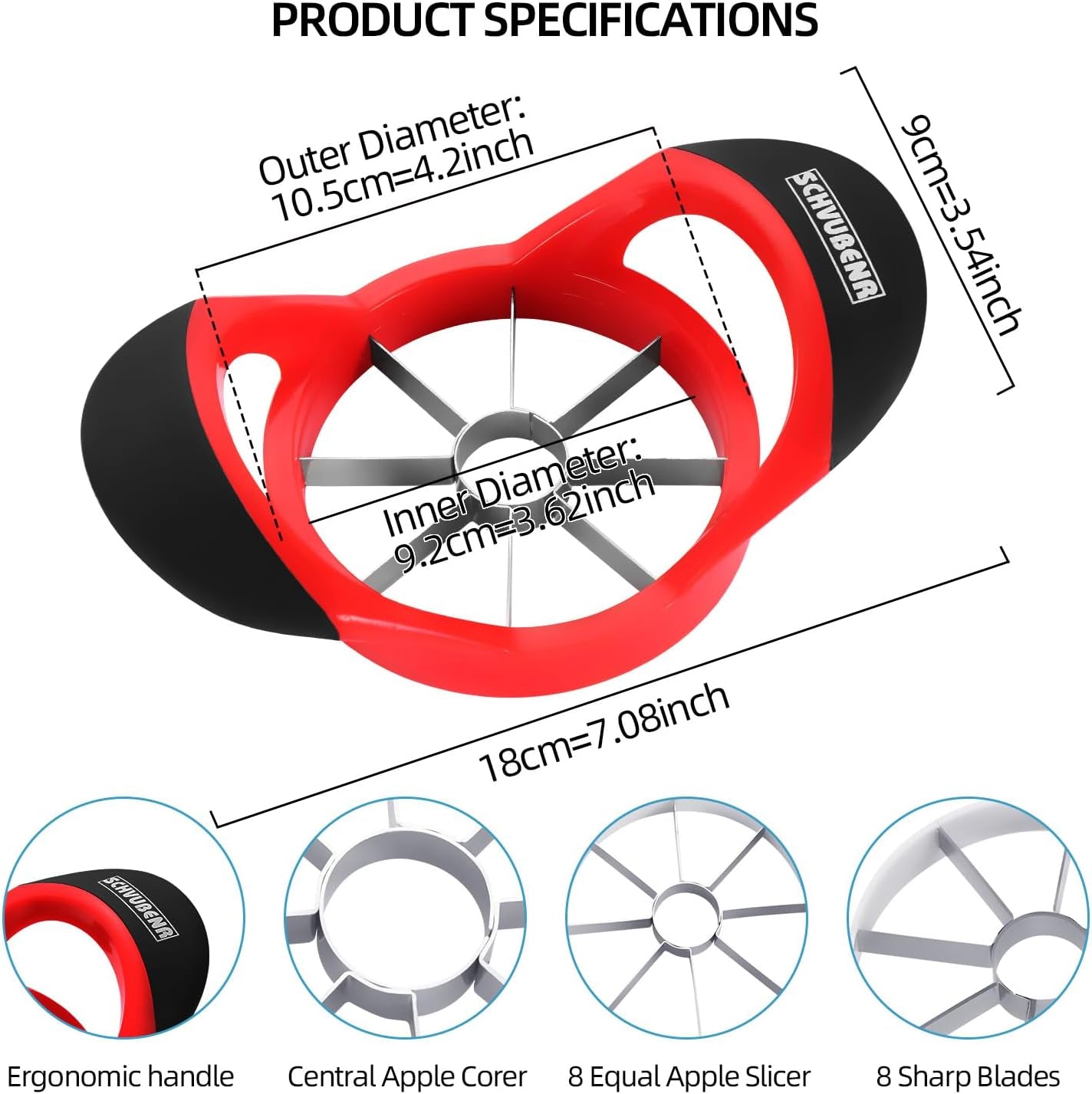 3.5 Inch Apple Slicer - Professional Apple Cutter - Stainless Steel Apple Corer - Super Sharp Apple Slicer and Corer - Apple Tool with 8 Sharp Blades(Red)