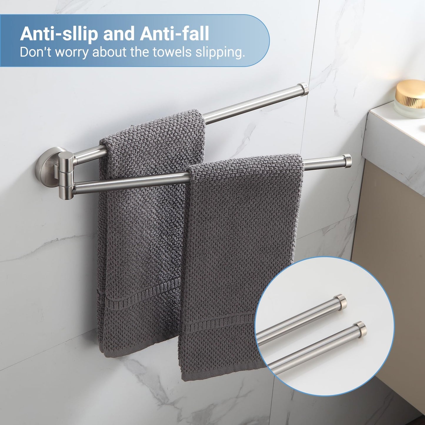 Swivel Towel Bar for Bathroom Brushed Nickel,Swing Out Double Towel Bar 2-Arm Ki