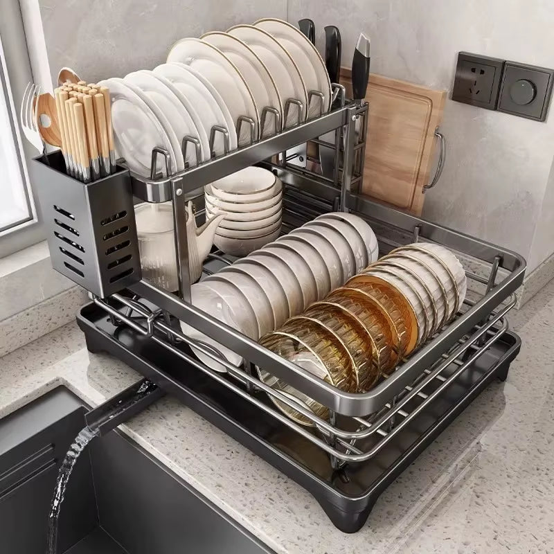 Stainless Steel Adjustable Dish Drying Rack with Drainboard - over Sink Plate Organizer, Kitchen Storage Rack