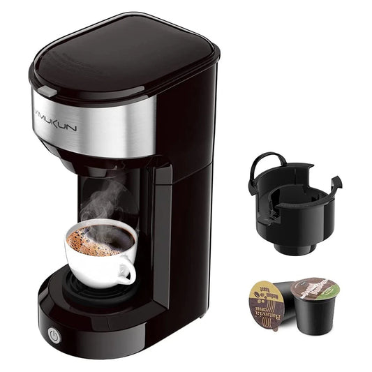 Coffee Maker, Single Serve Coffee Maker Machine 6 to 14 Oz with Permanent Filter, Compatible with K Cup Pod & Ground Coffee, Mini Size Black