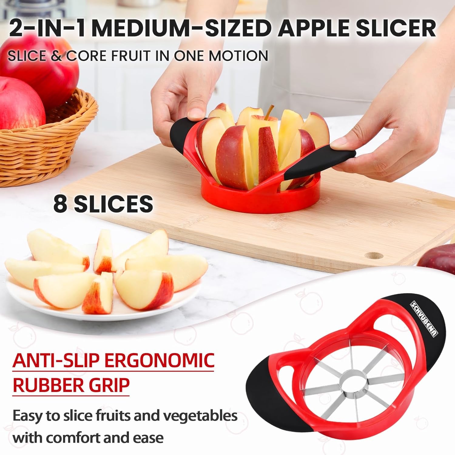 3.5 Inch Apple Slicer - Professional Apple Cutter - Stainless Steel Apple Corer - Super Sharp Apple Slicer and Corer - Apple Tool with 8 Sharp Blades(Red)